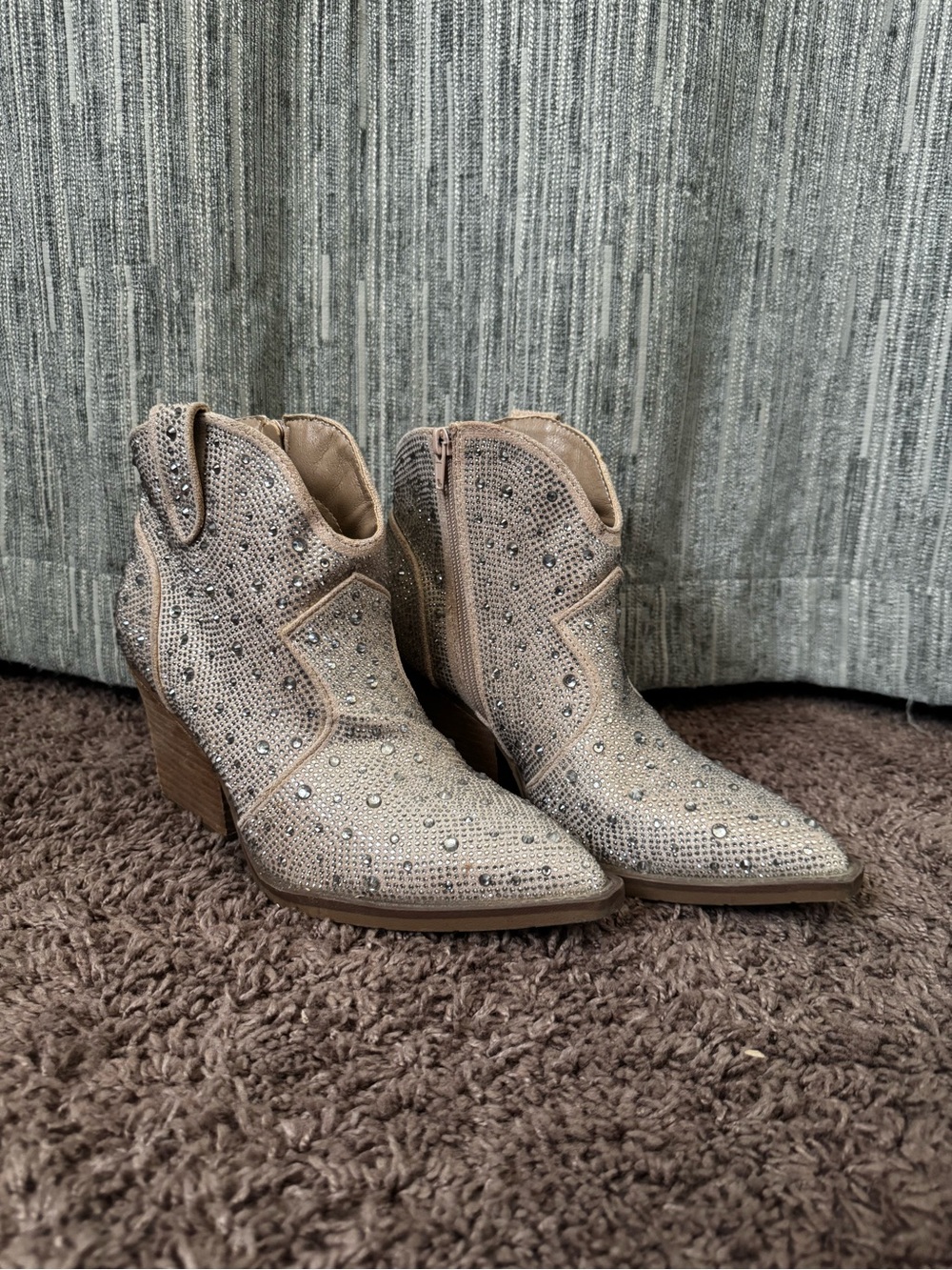 Very G Beige Rhinestone Western Ankle Boots